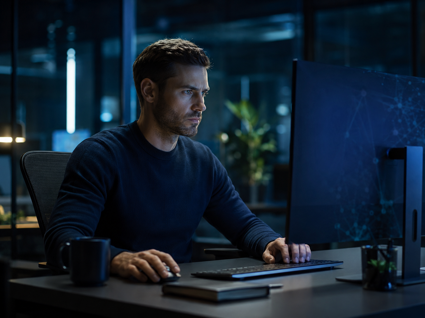 Profesional concentrado trabajando frente a una computadora de escritorio