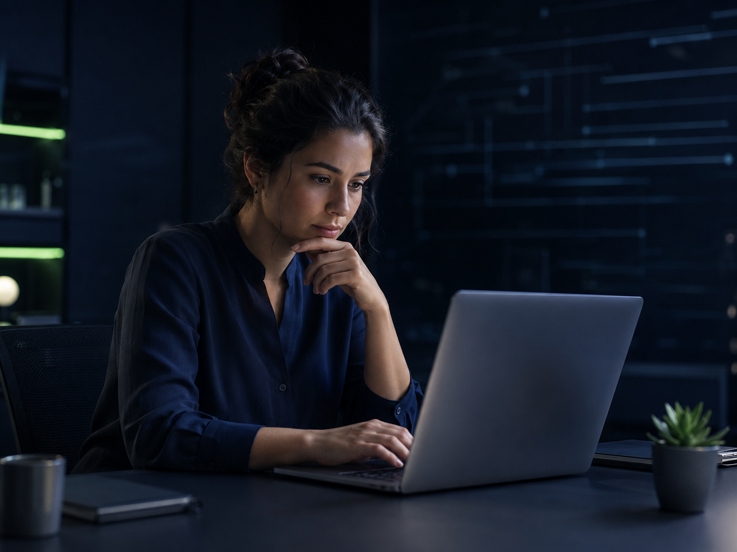 Profesional concentrado trabajando con Inteligencia Artificial en una computadora